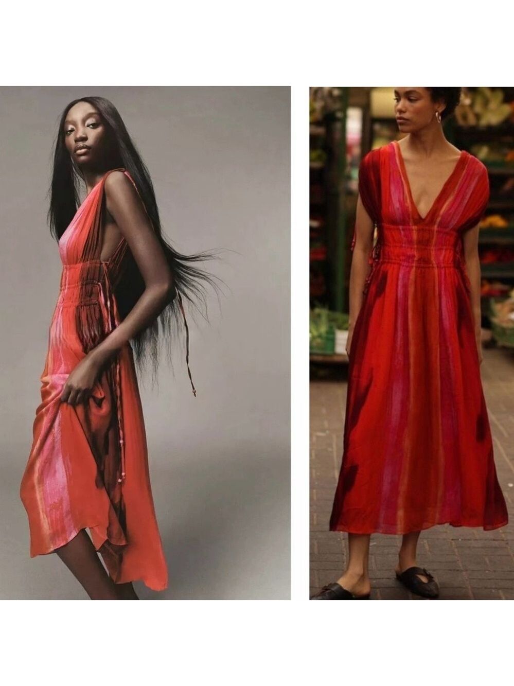 Zara red pink tie-dye BoHo V-neck midi dress Sz M tropical beach vacation NWOT - Picture 5 of 16